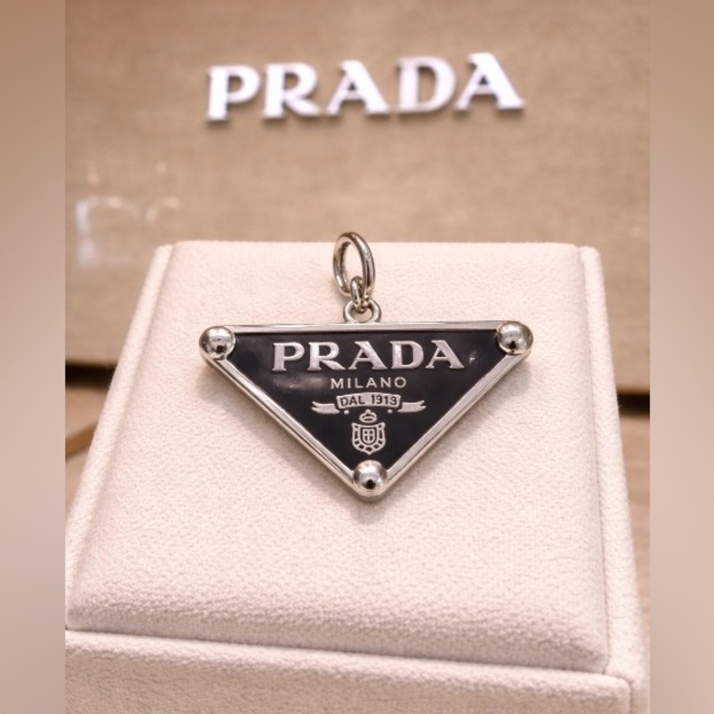 Prada stamped Silver & black Triangle Logo Pendant/ charm/ zipper pull - New